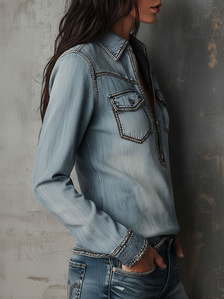 Vintage Western Light Wash Denim Zip-Front Shirt