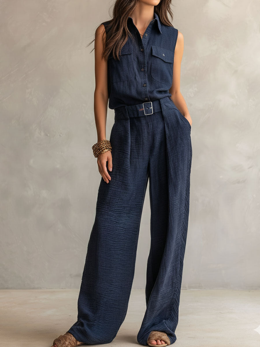 Boho Midnight Slate Texture Belted Utility Jumpsuit
