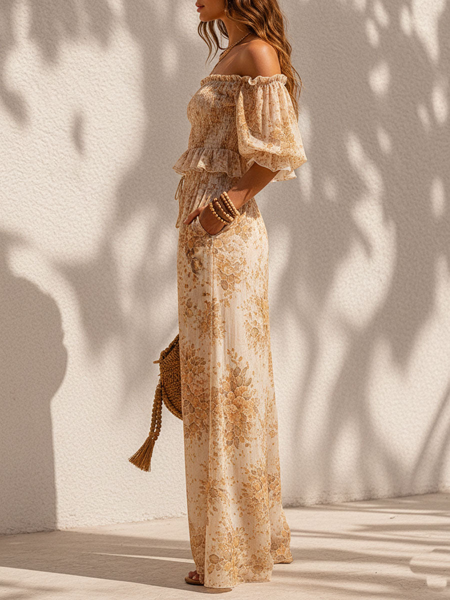 Boho Floral Off-Shoulder Smocked Top & Wide-Leg Pants Two-Piece Set
