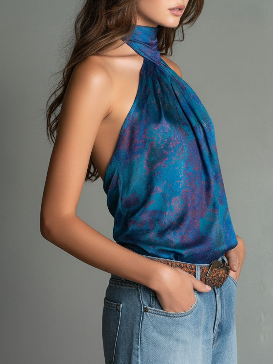 Retro High-Neck Floral Print Teal Satin Halter Scarf  Blouse