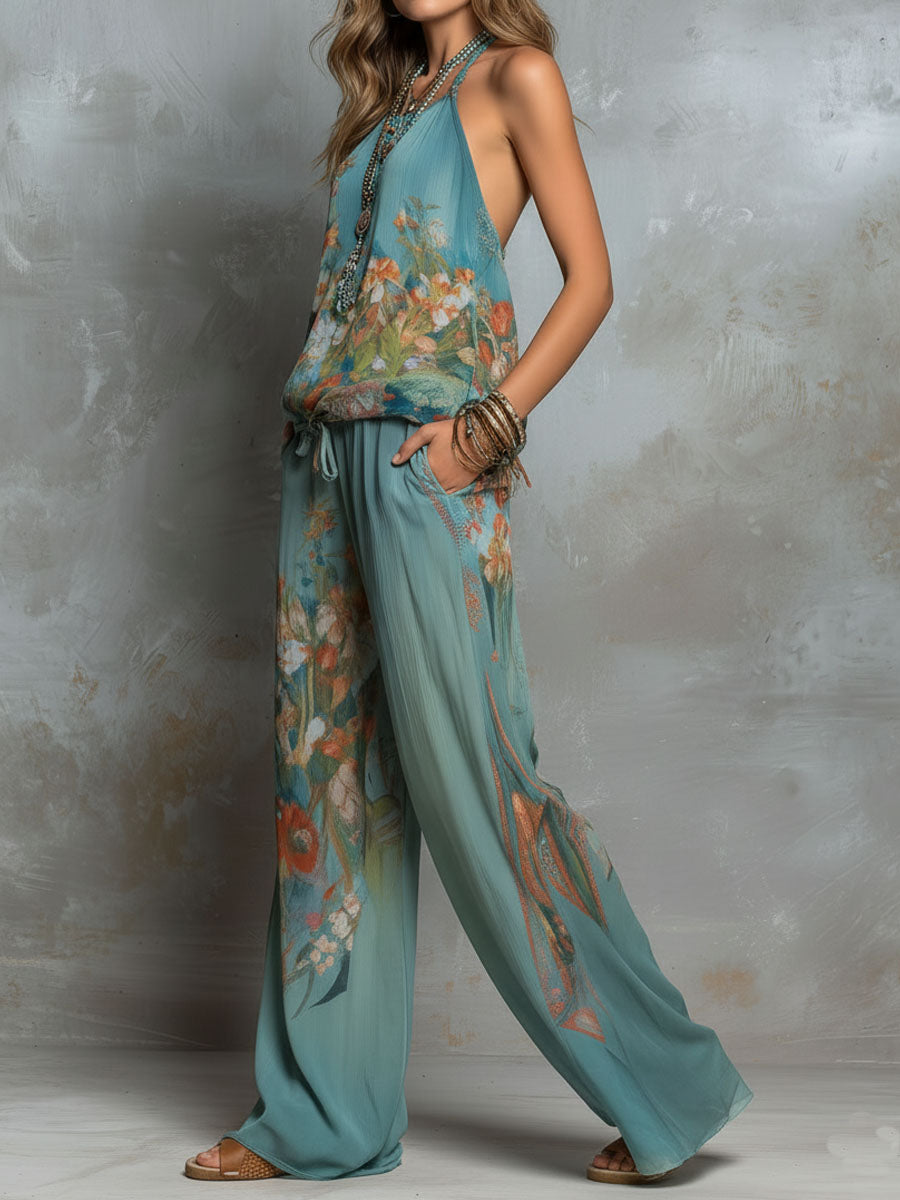 Boho Ocean Bloom Floral  Halter Chiffon Two-Piece Set