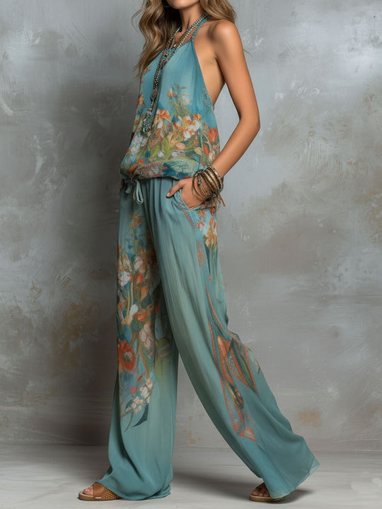 Boho Ocean Bloom Floral  Halter Chiffon Two-Piece Set