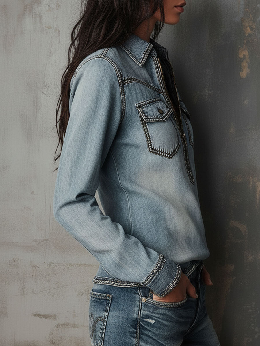 Vintage Western Light Wash Denim Zip-Front Shirt