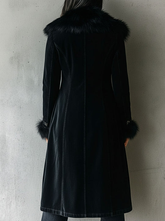 Elegant Tailoring Long Black Velvet Coat With Eco Fur Collar & Cuffs