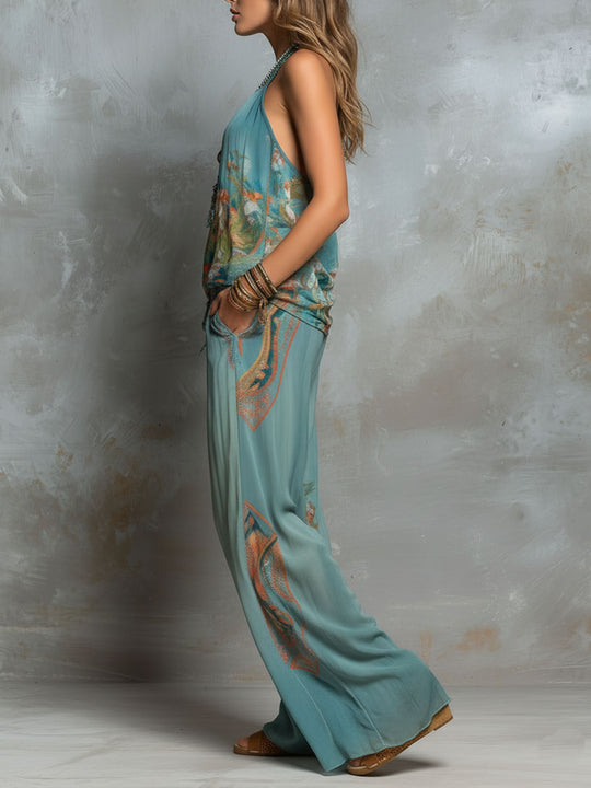 Boho Ocean Bloom Floral  Halter Chiffon Two-Piece Set
