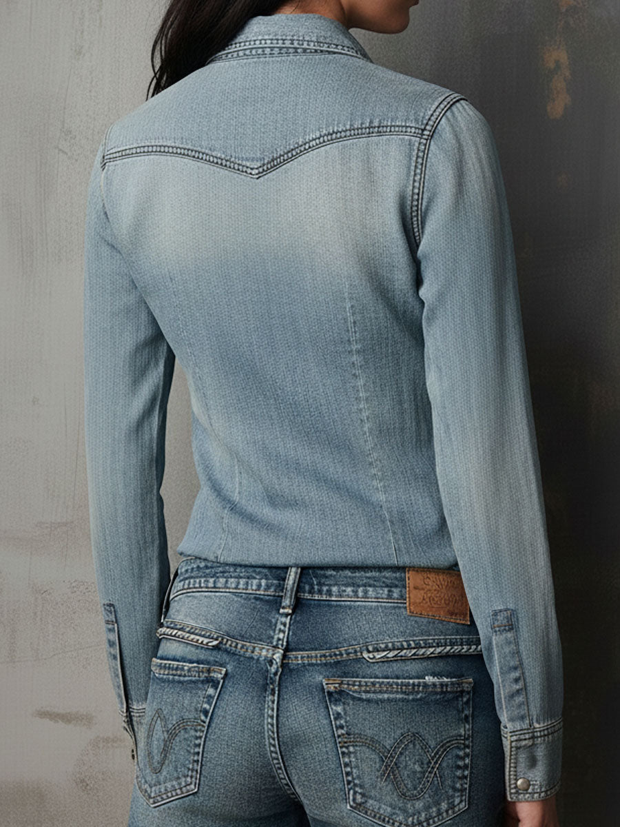 Vintage Western Light Wash Denim Zip-Front Shirt