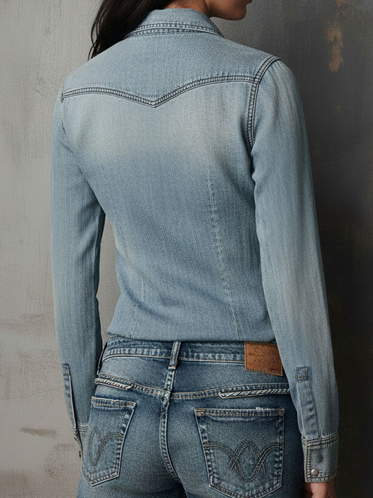 Vintage Western Light Wash Denim Zip-Front Shirt
