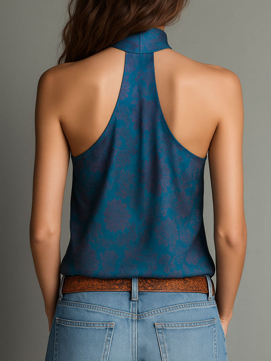 Retro High-Neck Floral Print Teal Satin Halter Scarf  Blouse