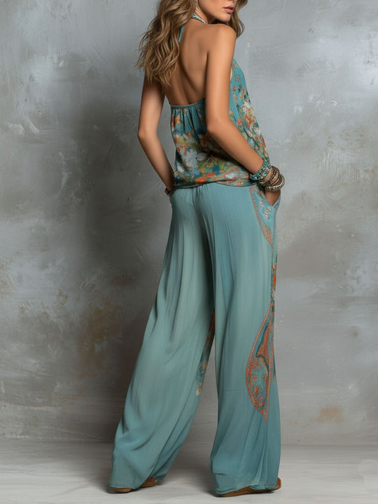 Boho Ocean Bloom Floral  Halter Chiffon Two-Piece Set