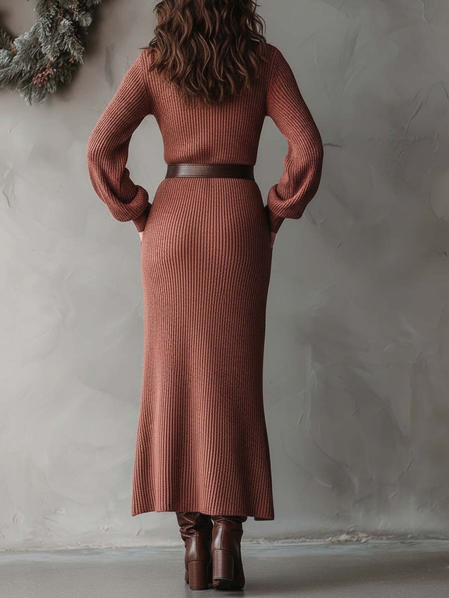 Ribbed Knit Maxi Dress With Deep V Collar And Leather Belt