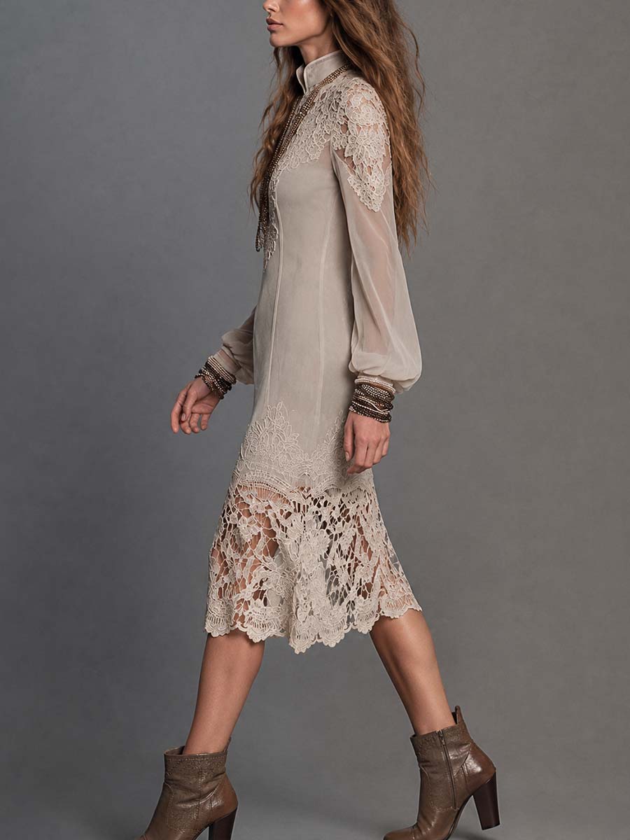 Boho Cream Lace Applique High Neck Sheer Long Sleeve Midi Dress
