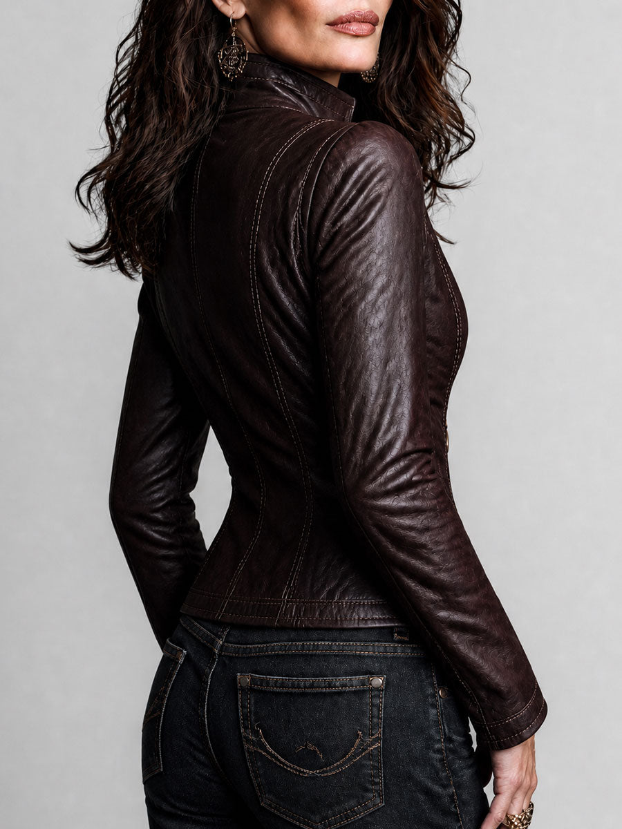 Quiet Luxury Stand Collar Fitted Faux PU Jacket With Button