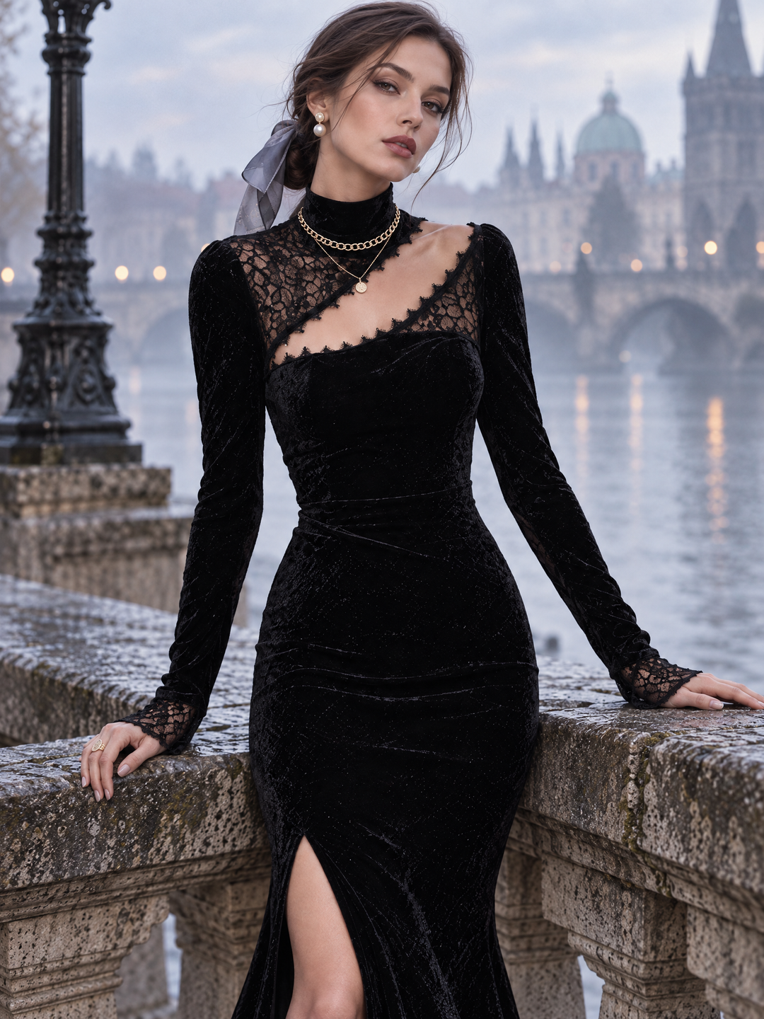 Stylish Black Velvet Lace Panel High Neck Long Sleeve Mermaid Midi Dress with Slit
