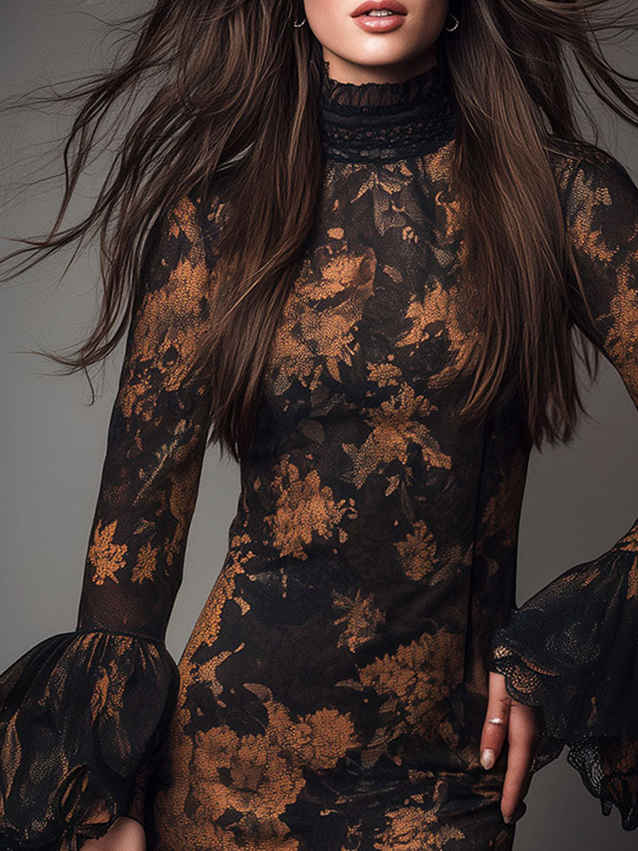 High Neck Black & Gold Lace Sheer Bell-Sleeve Mini Dress