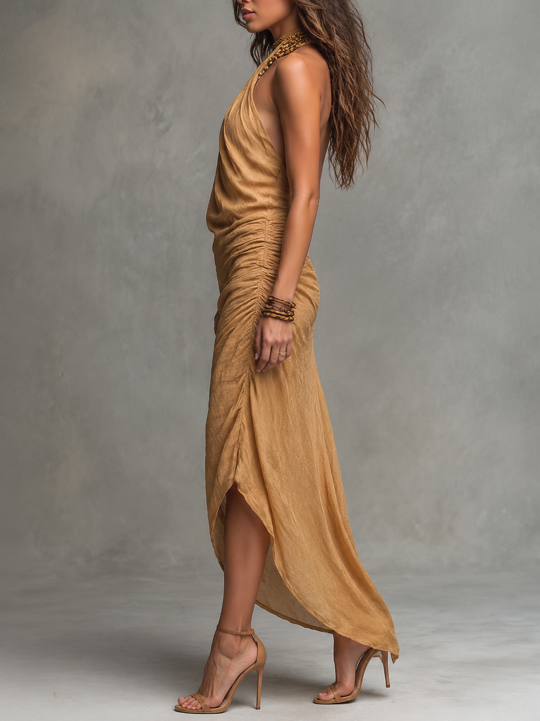 Boho Cross Halter Ruched Linen Midi Dress