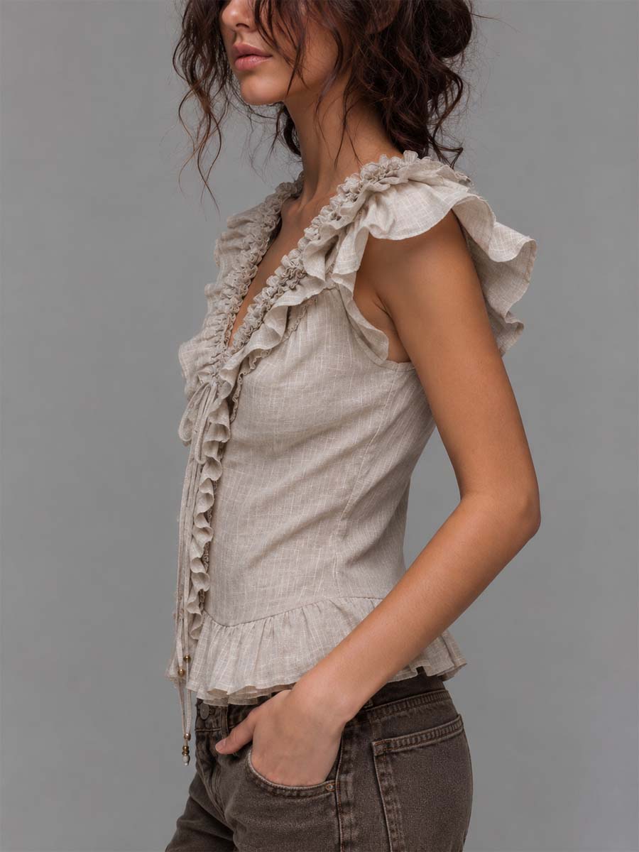 Bohemian Beige Linen-Blend Ruffled Lace-Up Peplum Top