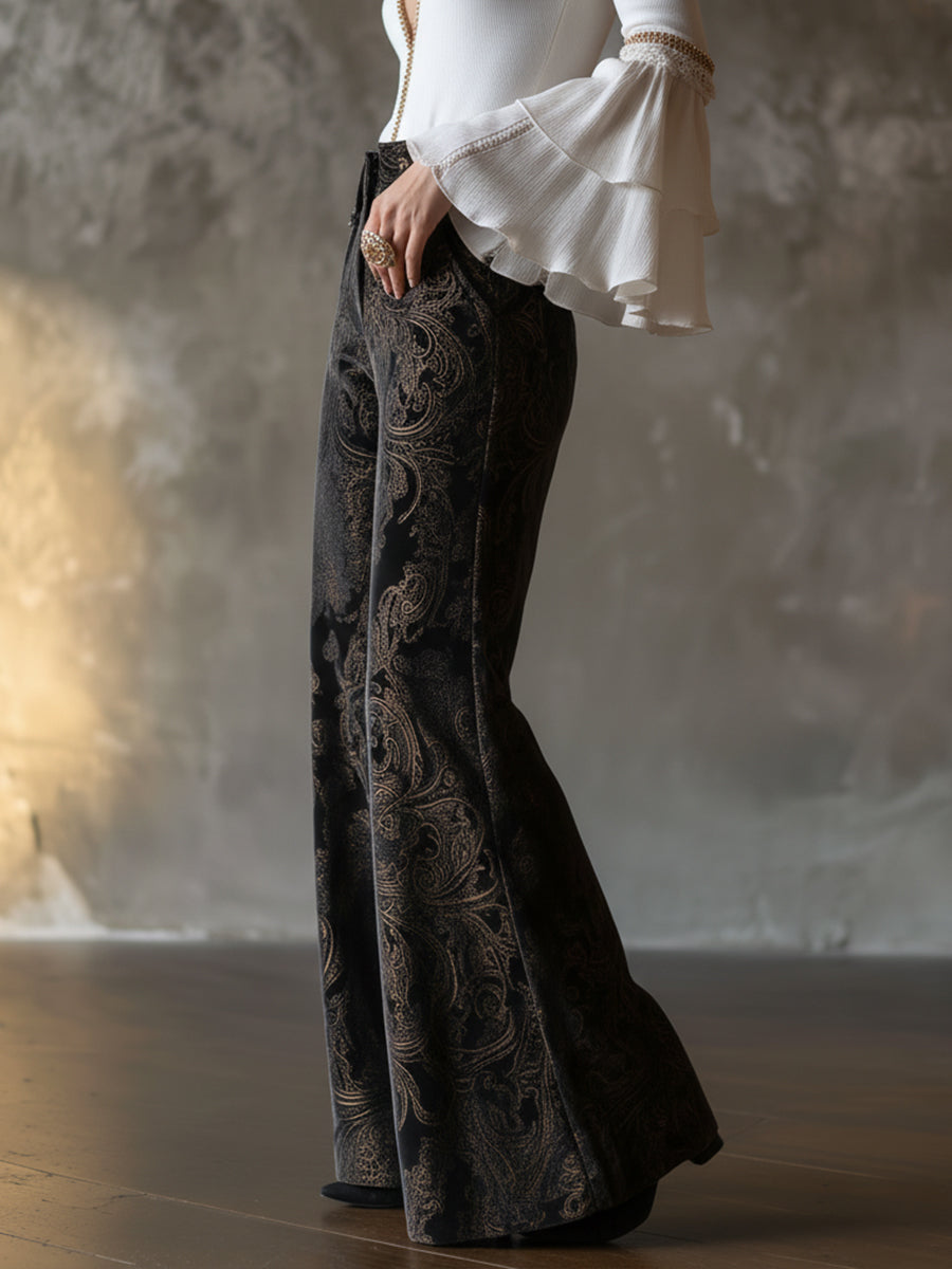 Vintage High-waisted Velveteen Paisley Print Wide-leg Pants
