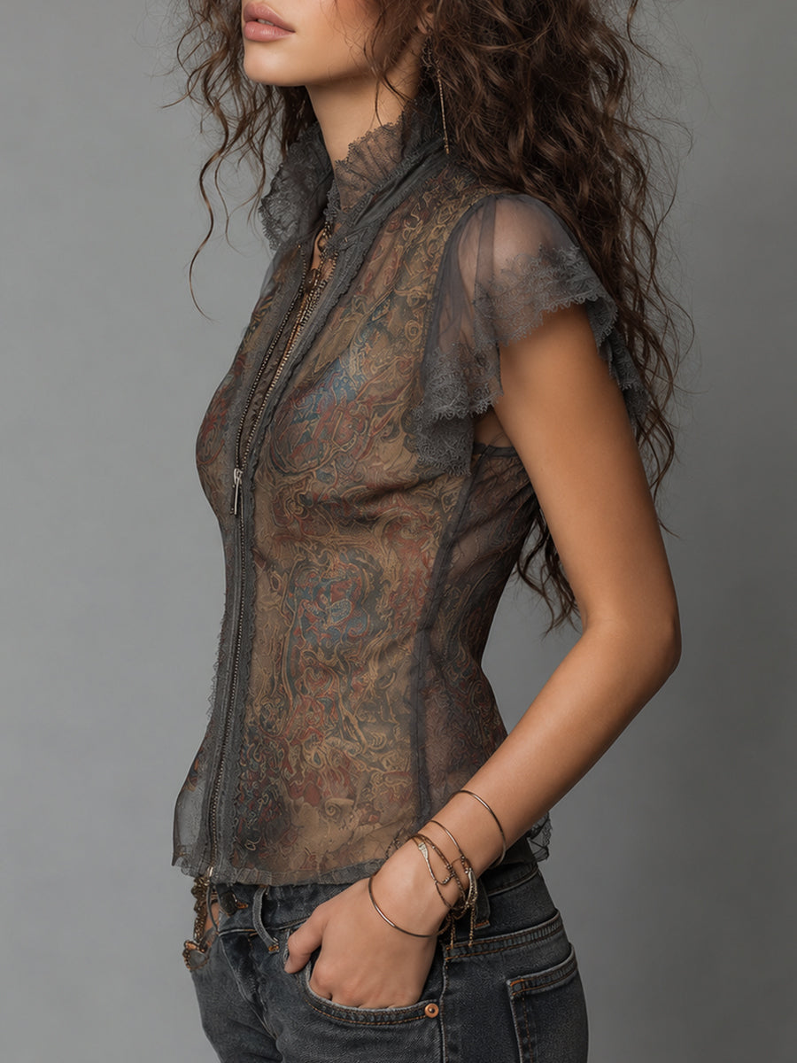 Vintage-style Paisley Print Lace-trimmed Ruffled Sleeves Blouse