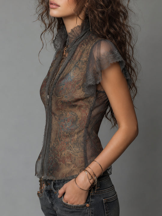 Vintage-style Paisley Print Lace-trimmed Ruffled Sleeves Blouse
