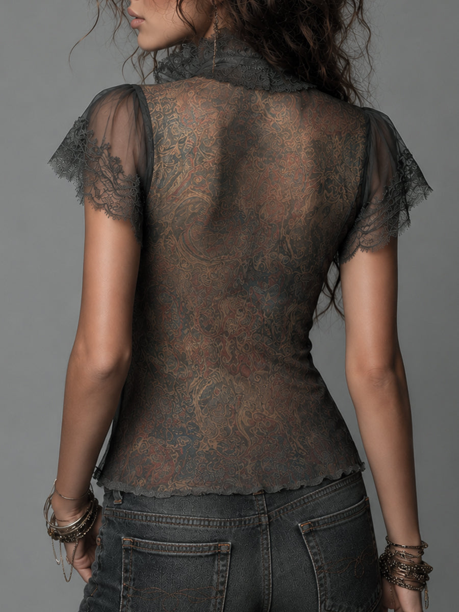 Vintage-style Paisley Print Lace-trimmed Ruffled Sleeves Blouse
