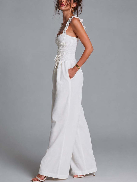 White Cotton Blend Ruffled Strap Smocked Wide-Leg Jumpsuit