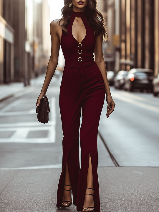 Chic Halter Neck Key Hole Sleeveless Slit Jumpsuits