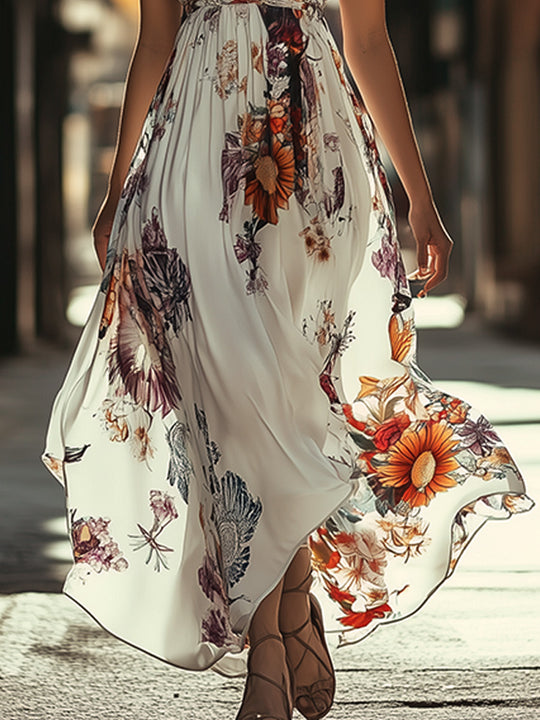 V-neck Off-shoulder Bohemian Floral Maxi Dress