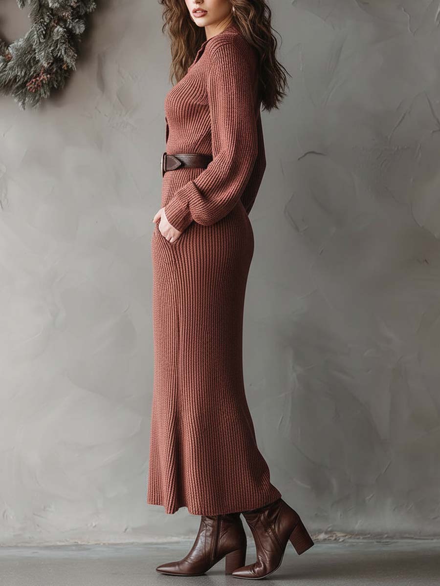 Ribbed Knit Maxi Dress With Deep V Collar And Leather Belt