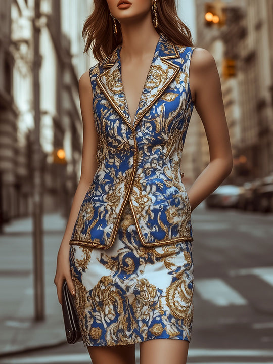 Vintage Print Sleeveless Suits Top and Pencil Skirt Set