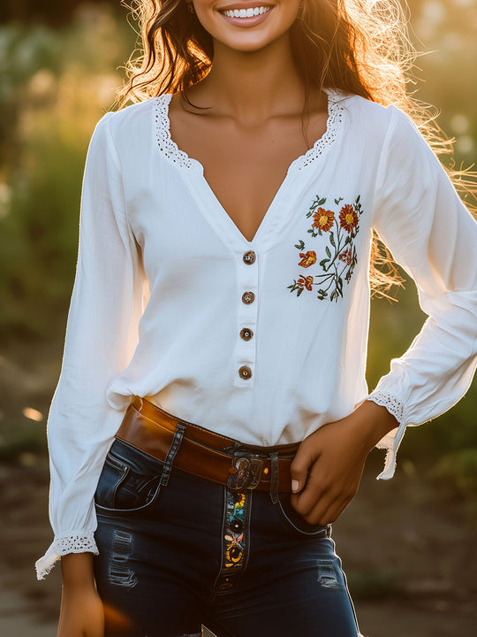 Elegant Lace Trim Flower Embroidery Henley Shirt