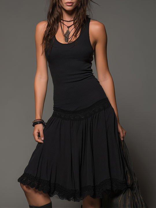 Bohemian Ribbed Pleated Sleeveless Midi Dress With Lace Trim