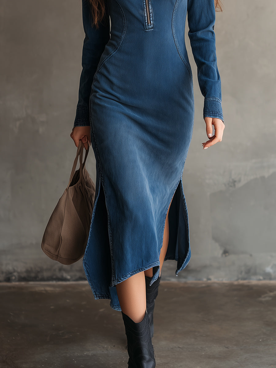Bohemian Washed Denim Hem Slit Slim Fit Midi Dress