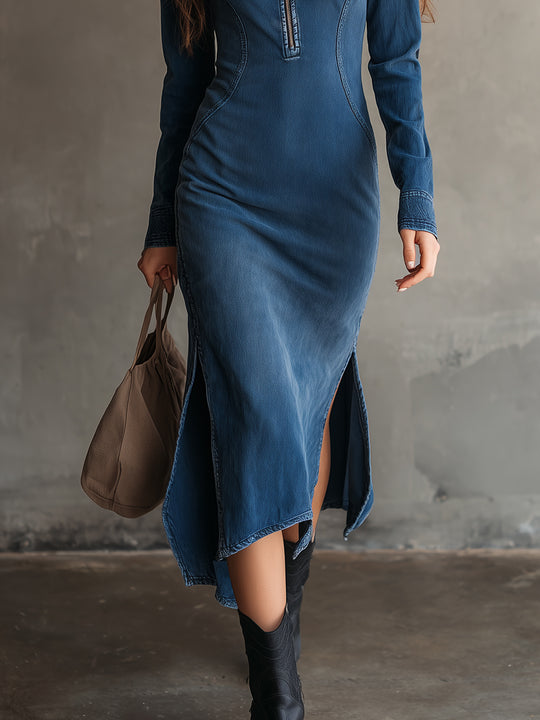 Bohemian Washed Denim Hem Slit Slim Fit Midi Dress