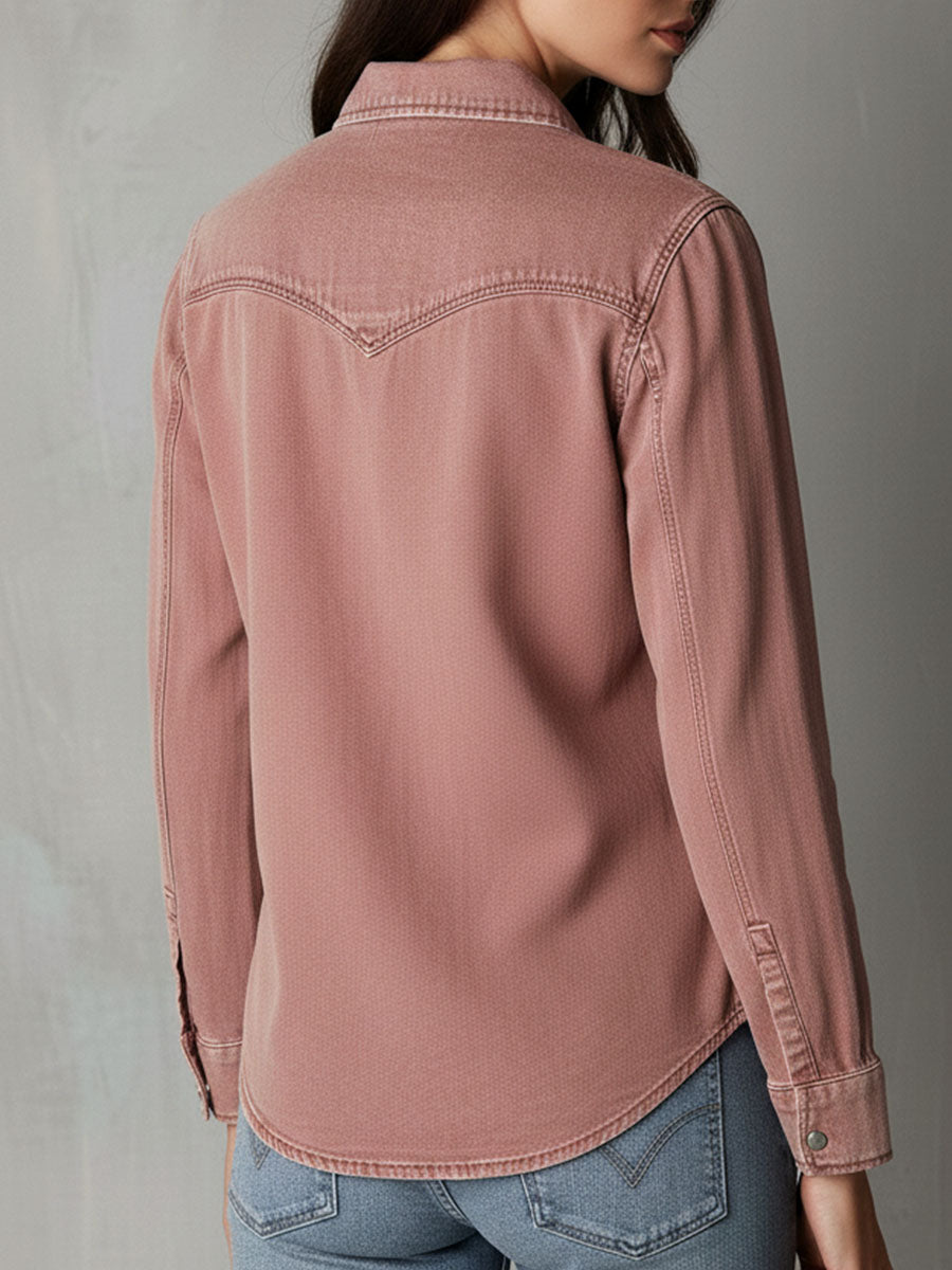 Western Soft Faded Dusty Rose Washed Denim Zip Shirt