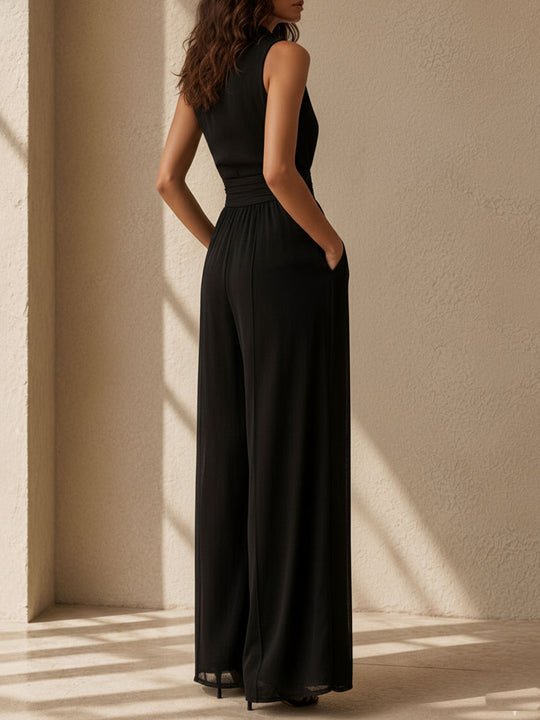 Quiet Luxury Lapel Collar Black Sleeveless Wide-Leg Jumpsuit