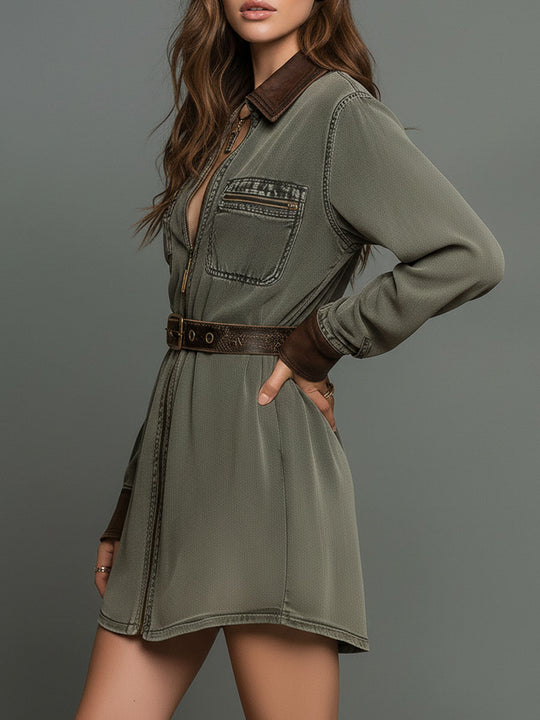 Olive Green Washed Utility Shirt Dress With Contrast Details