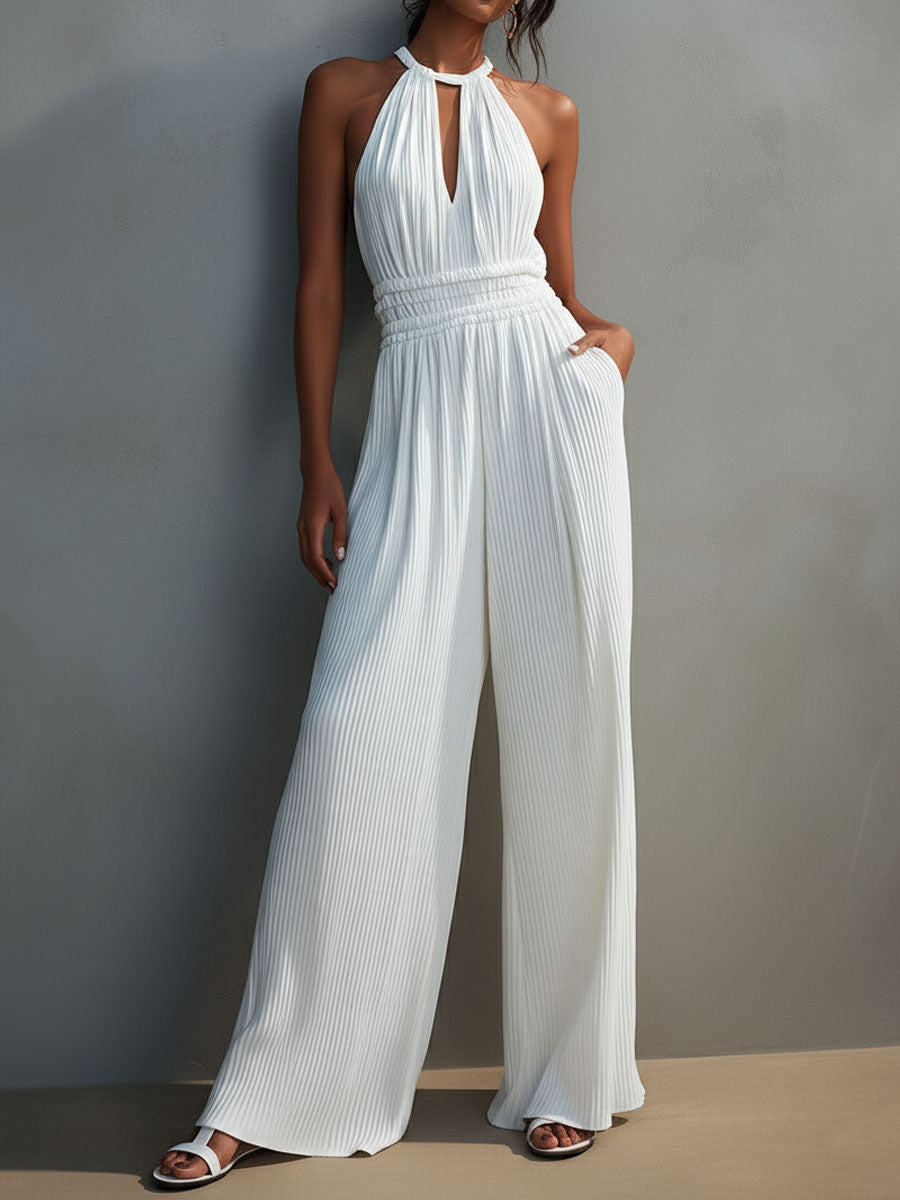Boho Chic White Pleated Halter Keyhole Jumpsuit With Smocked Waist
