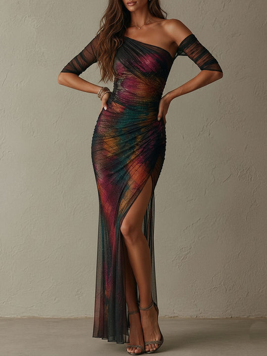 Retro Elegant Multicolor One-Shoulder Ruched Mesh Maxi Evening Dress