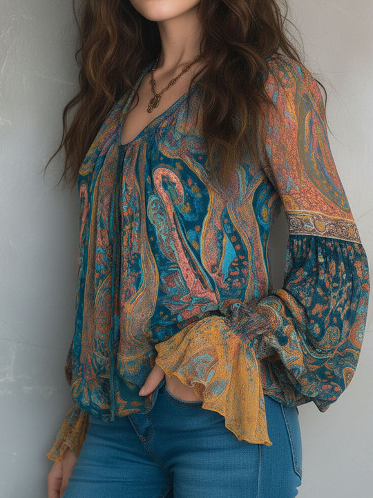 Bohemian Teal & Amber Paisley Chiffon Blouse With Ruffled Cuffs