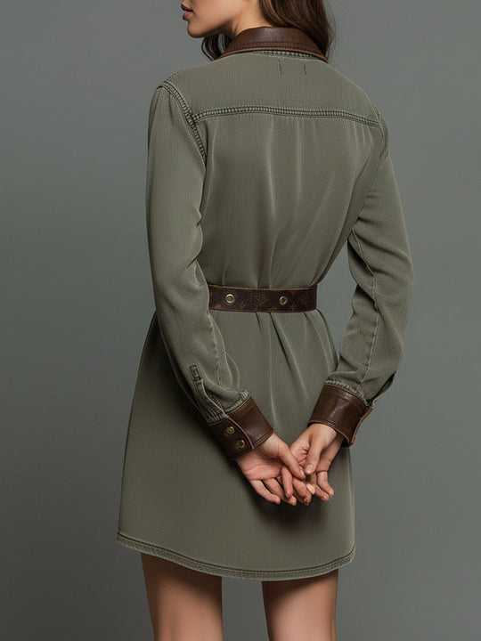 Olive Green Washed Utility Shirt Dress With Contrast Details
