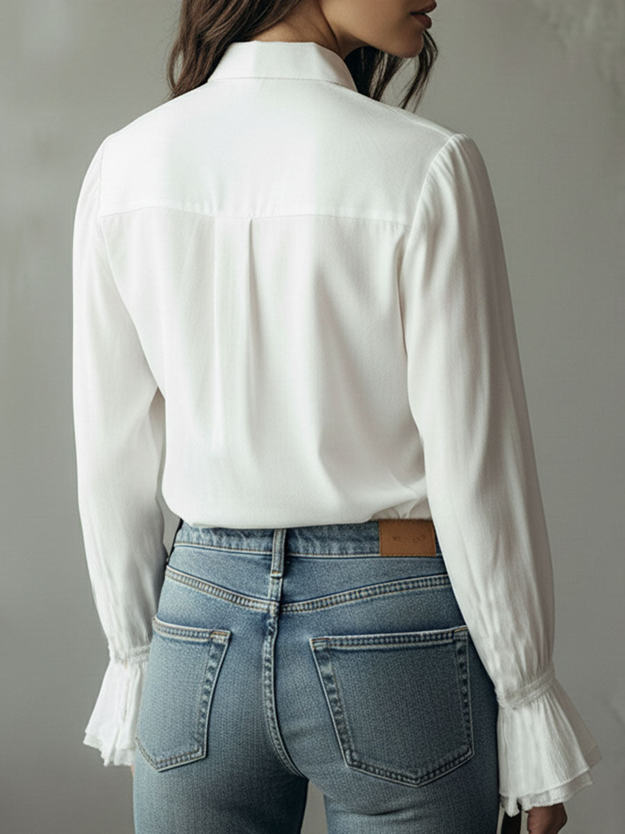 Elegant Ruffled Button-Down Long Sleeve Shirt With Flared Cuffs