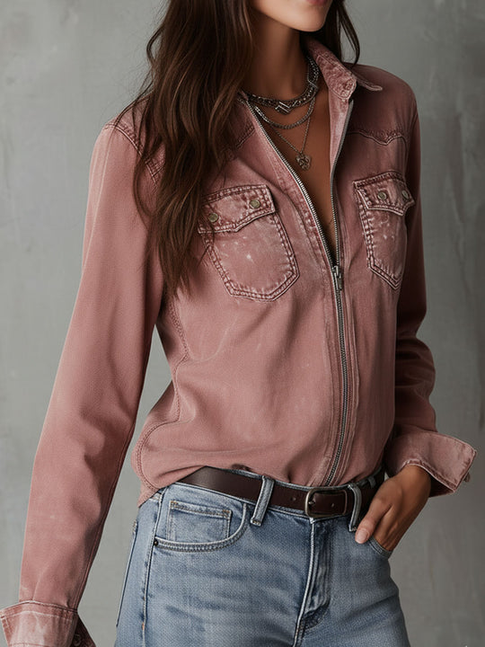 Western Soft Faded Dusty Rose Washed Denim Zip Shirt