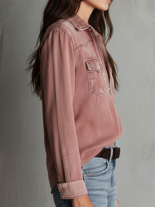 Western Soft Faded Dusty Rose Washed Denim Zip Shirt