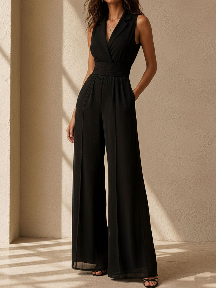 Quiet Luxury Lapel Collar Black Sleeveless Wide-Leg Jumpsuit
