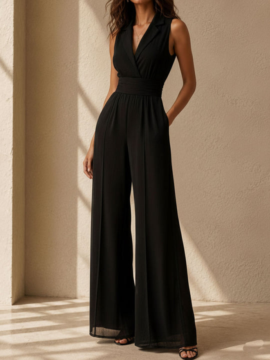 Quiet Luxury Lapel Collar Black Sleeveless Wide-Leg Jumpsuit