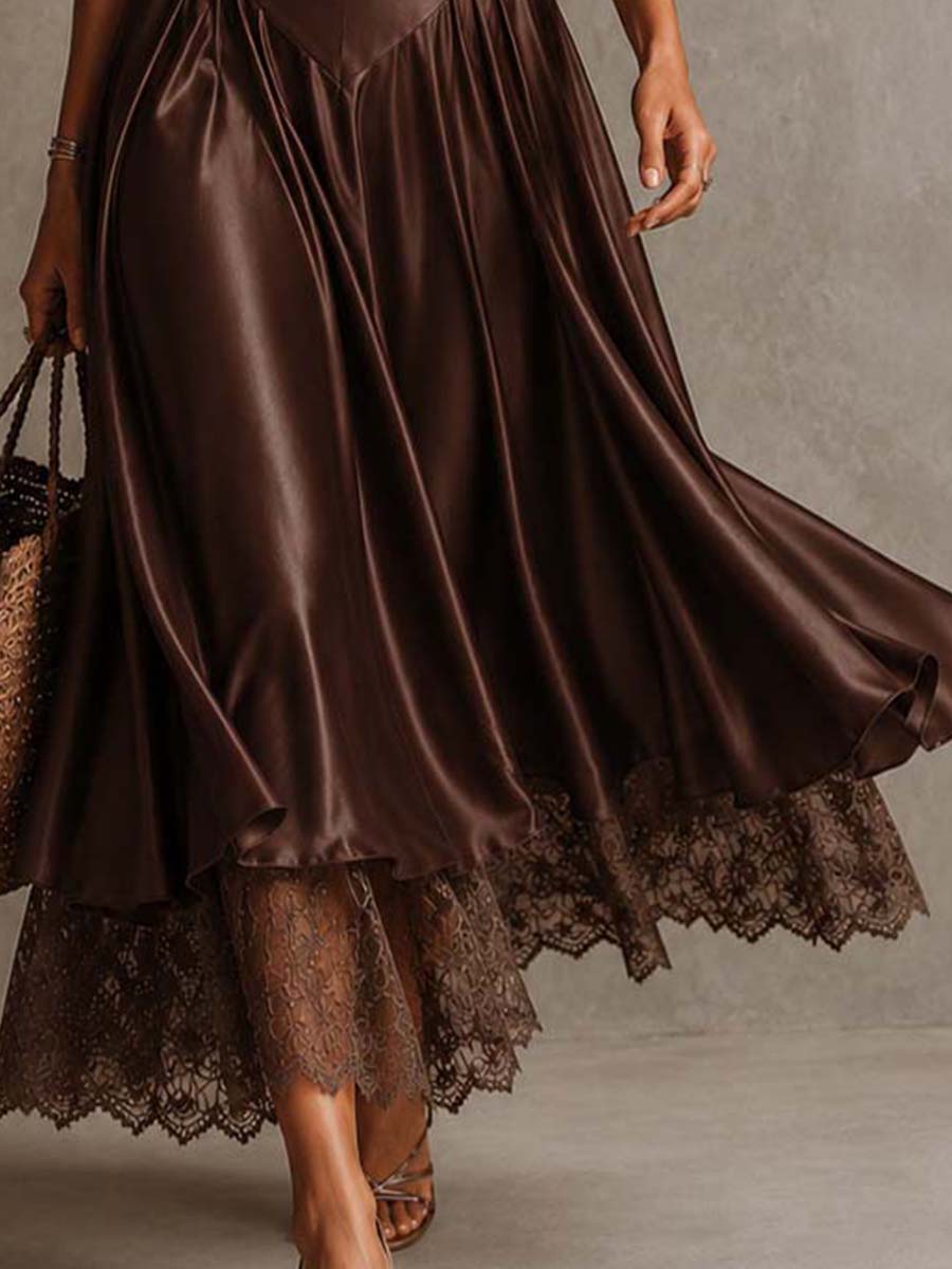 Elegant Draped Cowl Neck Satin Spaghetti Strap Midi Dress With Lace Hem Underlayer