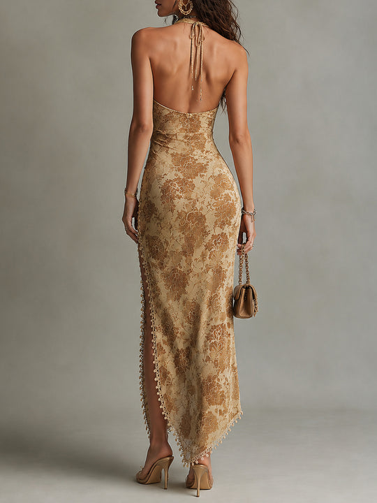 Retro Halter-neck Waist-pleated High-slit Slim-fit Maxi Dress