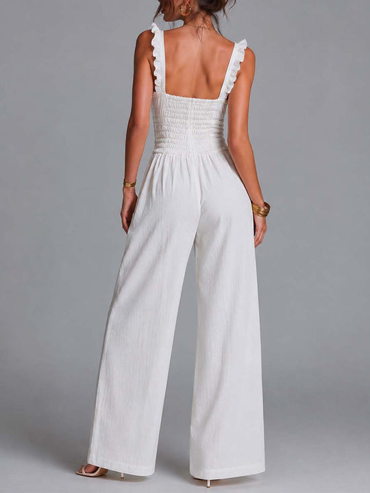 White Cotton Blend Ruffled Strap Smocked Wide-Leg Jumpsuit