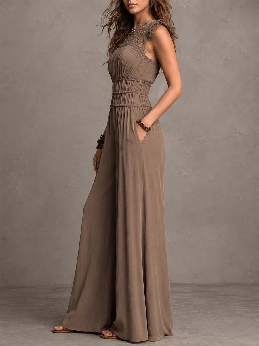 Mocha Brown Chiffon & Lace Flutter Sleeve Wide-Leg Jumpsuit
