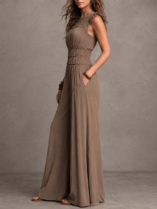 Mocha Brown Chiffon & Lace Flutter Sleeve Wide-Leg Jumpsuit